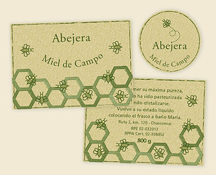  Abejera, Miel de Campo: diseño de etiquetas para frasco hexagonal.