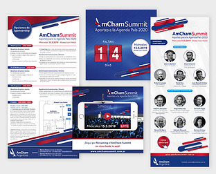  Amcham Summit: Diseño de isologotipo, credenciales y post para redes sociales.