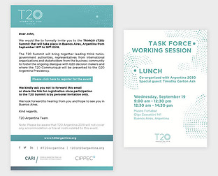  T20 Argentina 2018, Think 20: diseño de invitaciones, carpeta, block, credenciales y e-flyers.