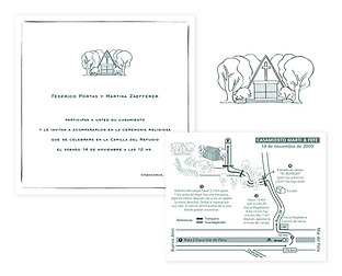  Diseño de invitación con ilustración y mapa para casamiento.