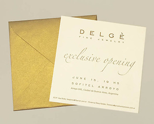  Delgè, fine jewelry and exotic leathers: diseño de isologotipo, papelería, postales, invitación para evento, carteles para local y presentación.