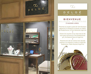  Delgè, fine jewelry and exotic leathers: diseño de isologotipo, papelería, postales, invitación para evento, carteles para local, presentación y web.