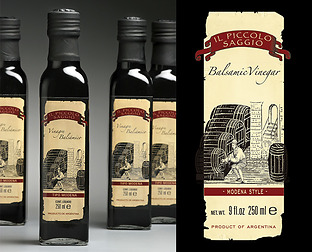  II Piccolo Saggio, Vinagre Balsámico: diseño de etiquetas para packaging de exportación.
