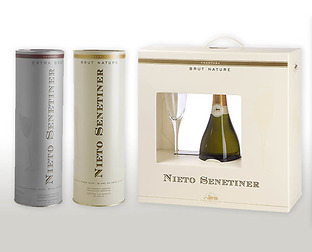  Nieto Senetiner, Champaña Brut Nature y Extra Brut: diseño de latas contenedoras individuales y combo (2 copas + 1 botella).