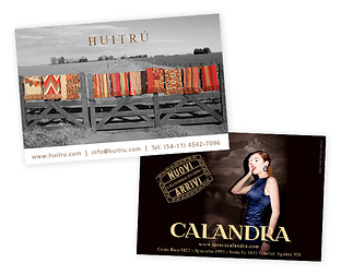  Huitrú: diseño de postales y web / Calandra: diseño de papelería, invitaciones para eventos, etiquetas, packaging y vidrieras.