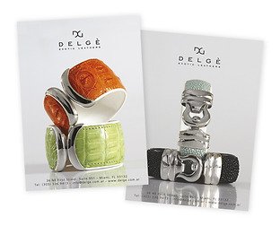  Delgè, fine jewelry and exotic leathers: diseño de isologotipo, papelería, postales, invitación para evento, carteles para local, presentación y web.